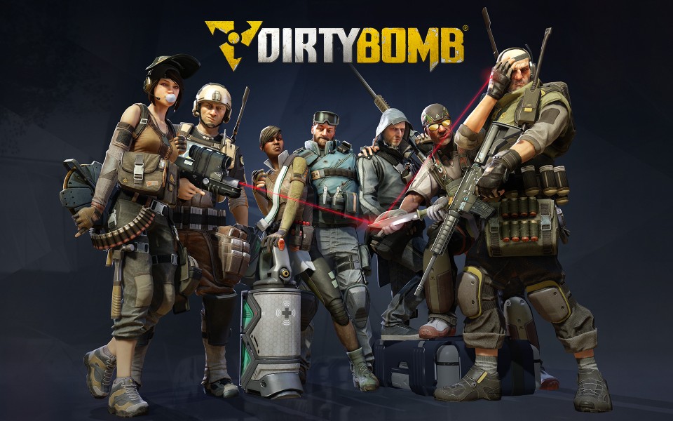 Dirty Bomb: Mercenaries - Nexon marketing material for some of the mercenaries that are featured in the game. From left-to-right, the characters are Proxy, Arty, Aura, Fragger, Vassili, Sawbonez, and Hammer.