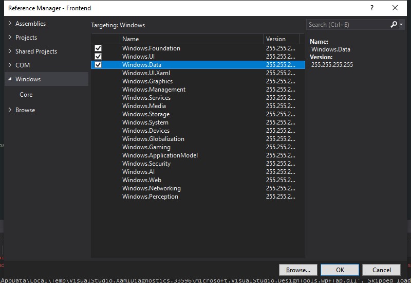 A picture of the reference manager window for the Visual Studio project.