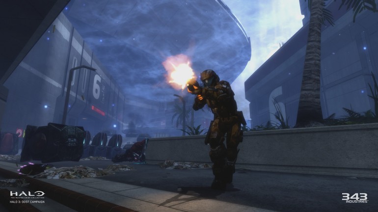 In-game screenshot from the campaign. A picture of an "orbital drop shock trooper" firing their rifle.