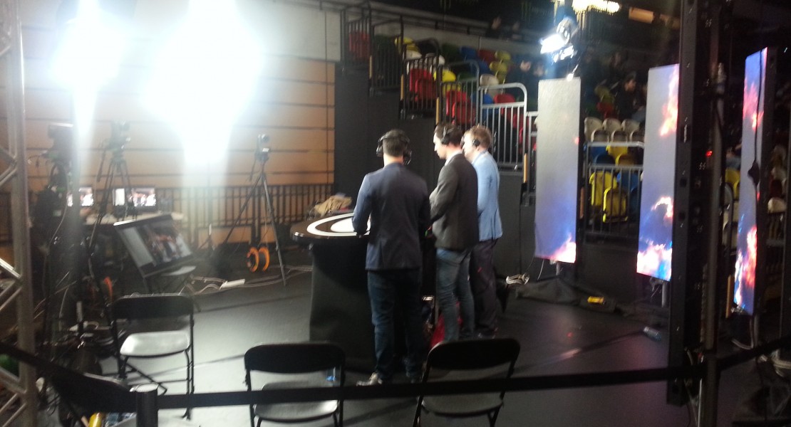 A picture from behind the caster's desk at DreamHack London 2015. Featuring Duncan "Thooorin" Shields, Henry "HenryG" Greer, and Matthew "Sadokist" Trivett.