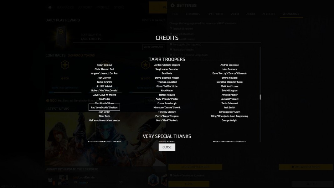 Credits - The credits screen for Dirty Bomb. Displaying my attribution as "Luc 'LoveDuckie' Shelton" under "Tapir Troopers".