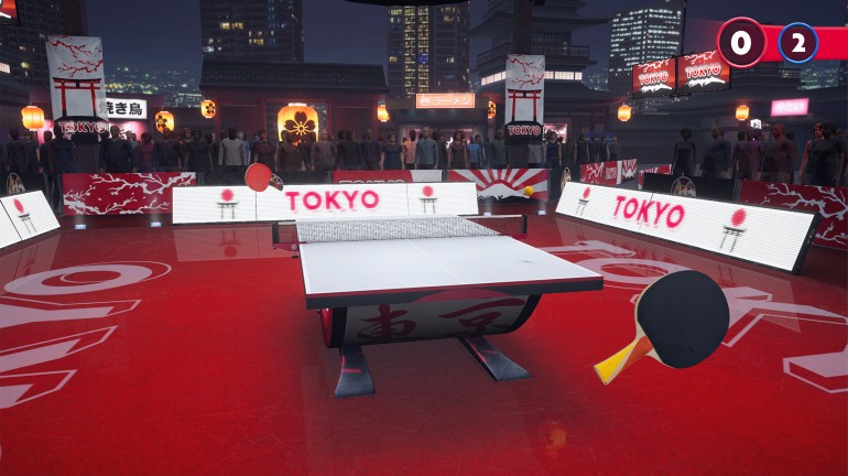An in-game screenshot of one of the virtual table tennis arenas based in Tokyo, Japan.