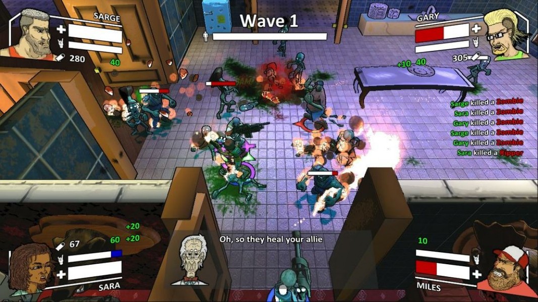 Shooting Zombies - An in-game screenshot of the game with all four characters being controlled by human players.